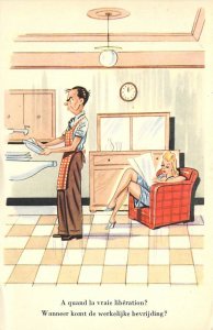 Postcard 1960s Liberated Sexy woman man doing dishes comic humor TP24-2560