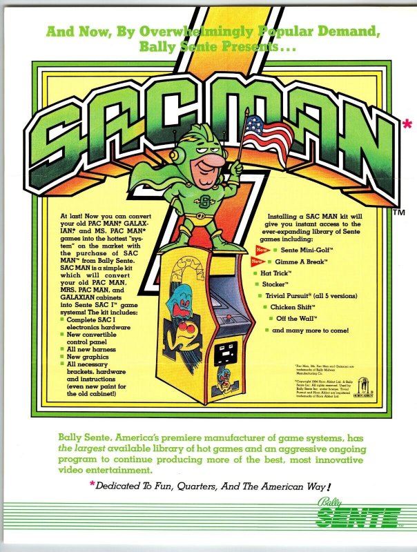 Sacman Arcade Flyer Original 1984 Video Game Art 8.5 x 11 Pac-Man Conversion