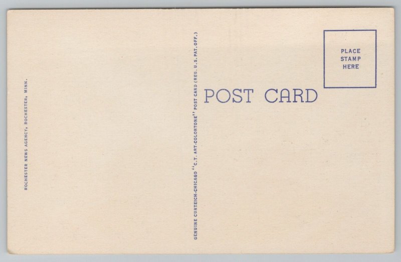 Linen~Rochester MN~Worrell Hospital & Annex~Lawn Park~Vintage Postcard