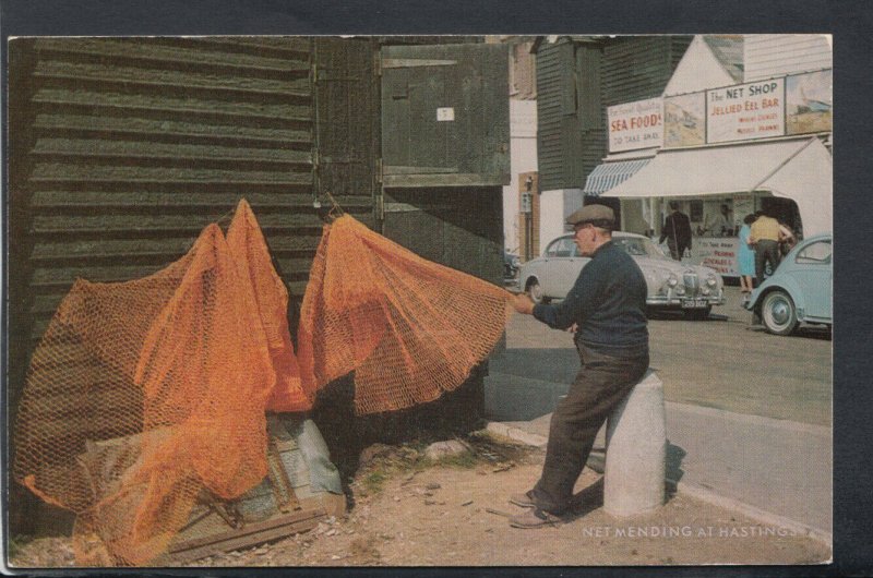 Sussex Postcard - Fisherman Net Mending at Hastings    RS19906