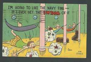 1943 PPC WW2 Humor Cant Get The Swing Of It Navy Men In Hammocks