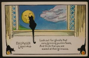 1920s Halloween Postcard Black Cats starring at Full Moon through the Window