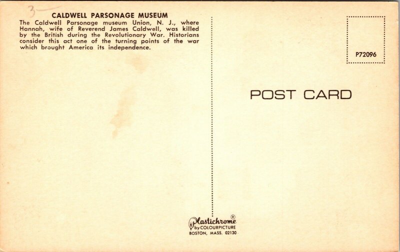 Caldwell Parsonage Museum Union NJ New Jersey VTG Postcard UNP Unused Vintage 