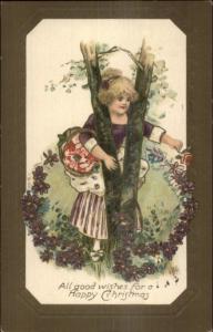 Christmas - Beautiful Little Girl & Purple Flowers c1910 Davidson Bros PC