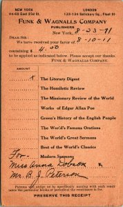 New York City NY 1911 Funk & Wagnalls Co $4.00 Receipt for The Literary Digest