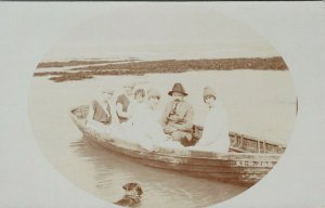 Portrait of Six People in Boat Dog Swimming Unused Real Photo Postcard G47