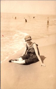 Real Photo Postcard Woman Wearing Bathing Suit on the Beach