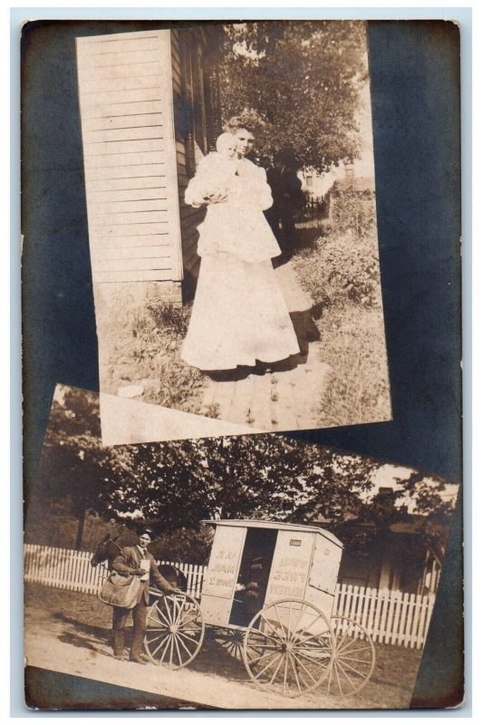 c1910 Mailman Horse Wagon Child Wife US Mail Rural Delivery RPPC Photo Postcard