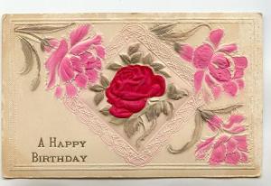 Embossed, Layered, Red Silk Rose Happy Birthday, Used 1914, Maine