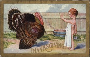 Thanksgiving Little Girl With Hatchet Lures Turkey Bare Butt c1910 Postcard