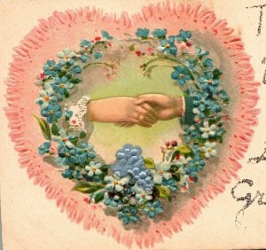 Vintage 1910's Valentines Postcard Large Flowered Heart Man & Woman Hold Hands