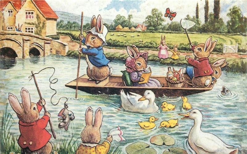 Fun on the River by Racey Helps antropomorphic rabbits boat fantasy postcard