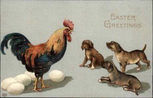 EAS Easter Puppy Dogs with Rooster and Eggs Embossed c1910 PC - Nice Art