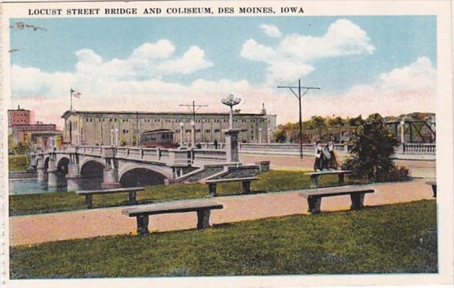 Iowa Des Moines Trolley On Locust Street Bridge and Coliseum