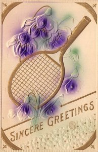 Sincere Greetings Racket and Flowers Tennis Postal Used, Date Unknown 
