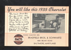 1935 CHEVROLET BALTIMORE MARYLAND VINTAGE CAR DEALER ADVERTISING POSTCARD