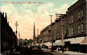 Postcard ON Galt Main Street Looking West Pharmacy Church Buggy Shops ~1910 S100