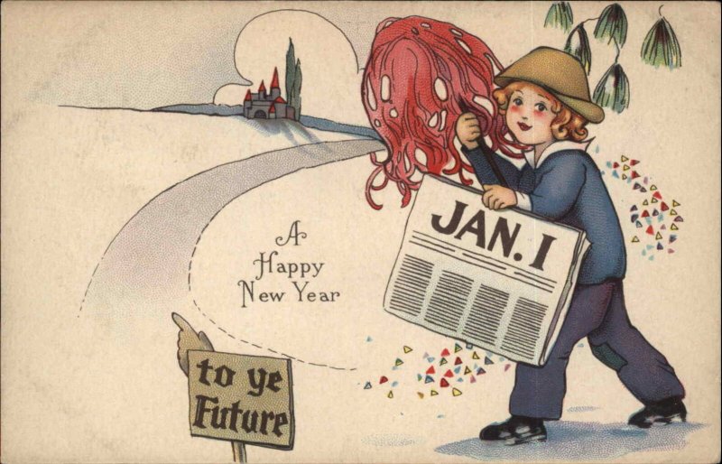 NEW YEAR Little Boy w Calendar and Newspaper SIGN To ye Future c1910 Postcard