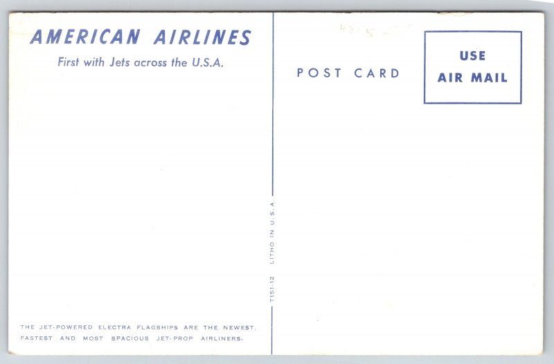 Transportation~American Airlines~Airplane Flying Over Sea~1950s Postcard