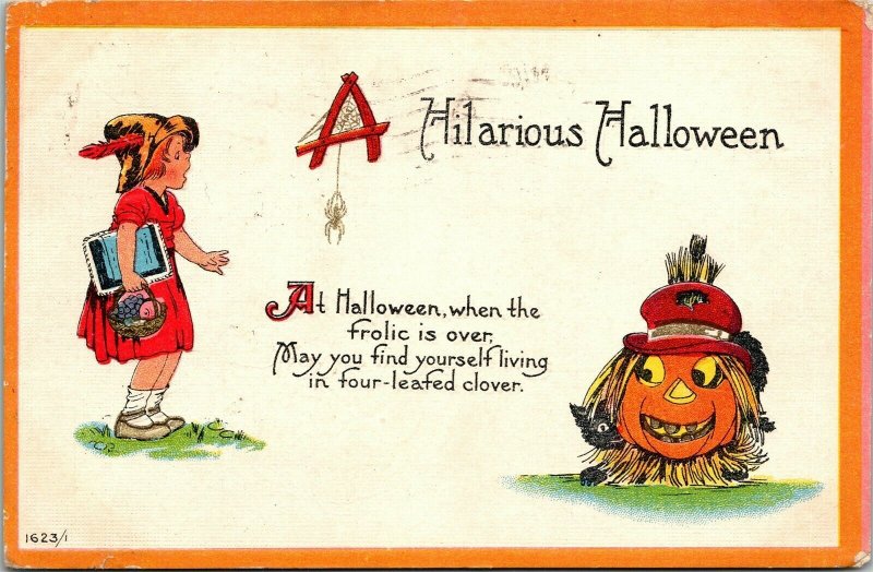 Postcard A Hilarious Halloween Girl Red Dress Spider JOL Black Cat 1916 R1