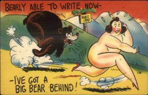Plus Size Heavy Woman Naked Running Away From Bear Linen Comic Postcard