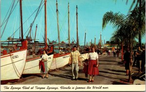 Vtg 1950s Sponge Fleet at Dock Fishing Boats Tarpon Springs Florida FL Postcard