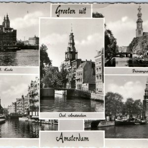 c1954 Amsterdam, Netherlands RPPC Canal Scenes Towers Churches Boats City A337