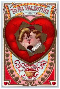 1910 Valentine Couple Kissing Romance Heart Embossed Missoula MT Posted Postcard