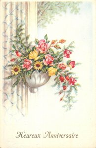 Floral vintage greetings postcard New Year red rose daisy flower vase Belgium