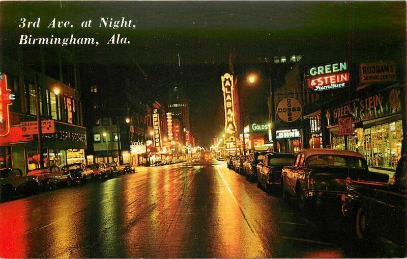 Alabama Birmingham 3rd Avenue Night automobile Neon 1950s Postcard 224219 