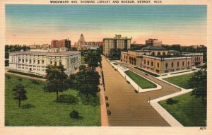 Vintage Postcard Woodward Avenue Library Museum Buildings Detroit Michigan MI