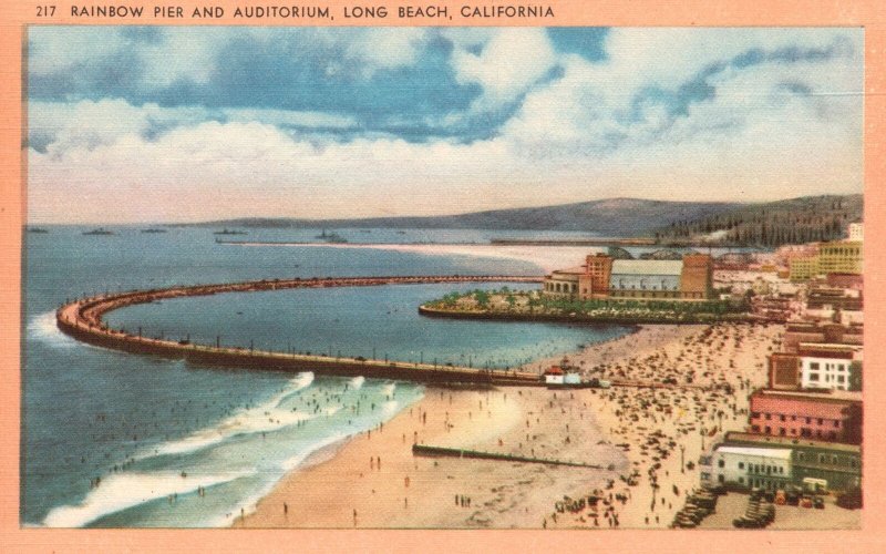 Long Beach California, Rainbow Pier & Auditorium Beach Frontage Vintage Postcard