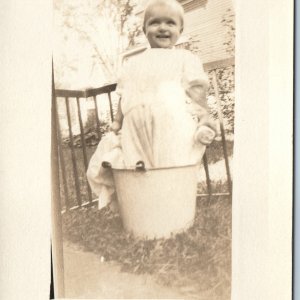 c1910s Fun Happy Kid Playing RPPC Outdoors Boy Bucket Help Washing Photo PC A212