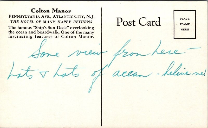 Vtg Atlantic City New Jersey NJ Ship's Sun Deck Colton Manor Hotel Postcard