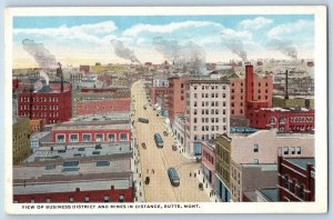 Butte Montana MT Postcard Business District And Mines In Distance Cars Trolley