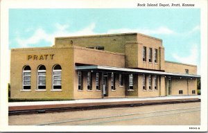Linen Postcard Rock Island Railroad Depot Train Station in Pratt, Kansas