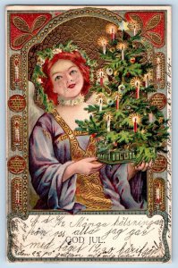 Christmas Postcard Pretty Girl With Christmas Tree Embossed c1905 Antique