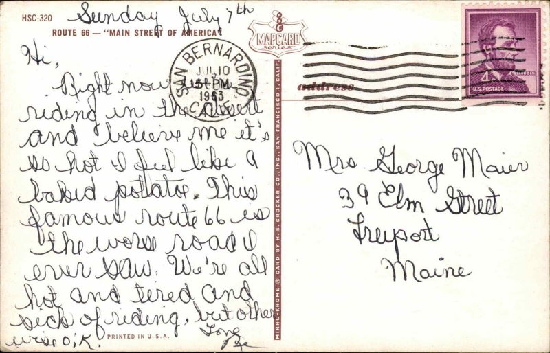 Route 66 Map Across US States  Famous Landmarks c1950s-60s PC