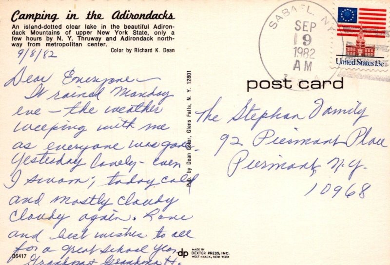 VINTAGE POSTCARD CONTINENTAL SIZE CAMPING IN THE ADIRONDACKS 