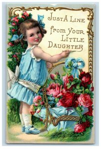 c.1910 Adorable Girl Basket Of Roses Embossed Vintage Postcard F51