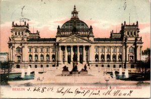 Postcard Germany Berlin Reichstag Bismarck Monument 1904 pfennig stamp