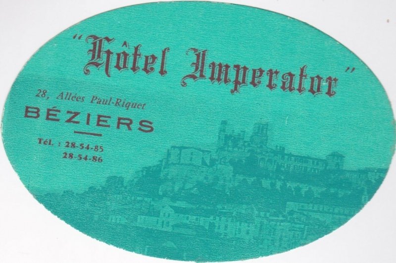 France Beziers Hotel Imperator Green Vintage Luggage Label sk1043