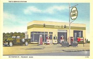 Peabody MA Cities Service Gas Pumps Station Truck Linen Postcard