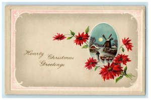 1911 Christmas Greetings Boy With Sheep Windmill Moon Scene Winsch Back Postcard 