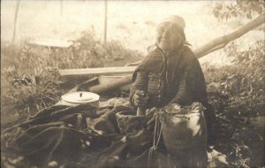 Native American Woman Grinding Corn in Bowl Unidentified Real Photo Postcard