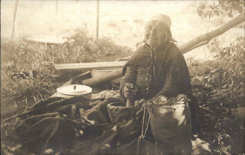 Native American Woman Grinding Corn in Bowl Unidentified Real Photo Postcard