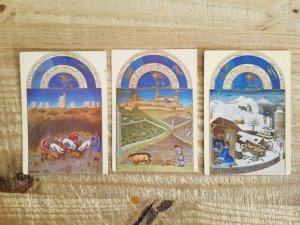 LES TRES RICHES HEURES BY BERRY.VTG 3 MONTHS POSTCARD LOT.DEC/FEB/MAR*P12