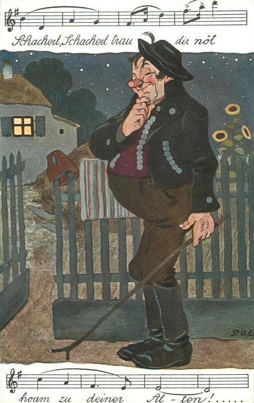 Leo Steiner Poe man caricature music lied comic vintage postcard humor Germany