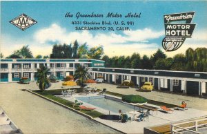 1950s Sacramento California Greenbriar Motel Lodge swimming Pool Postcard 26-275