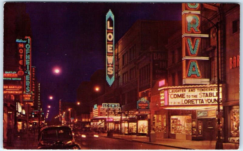 c1950s Norfolk, VA Granby Street Commercial Main St Downtown Postcard Night A91